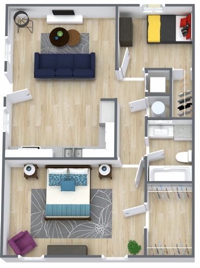 Floor plan for 2 beds, 1 bath, 860 sqft